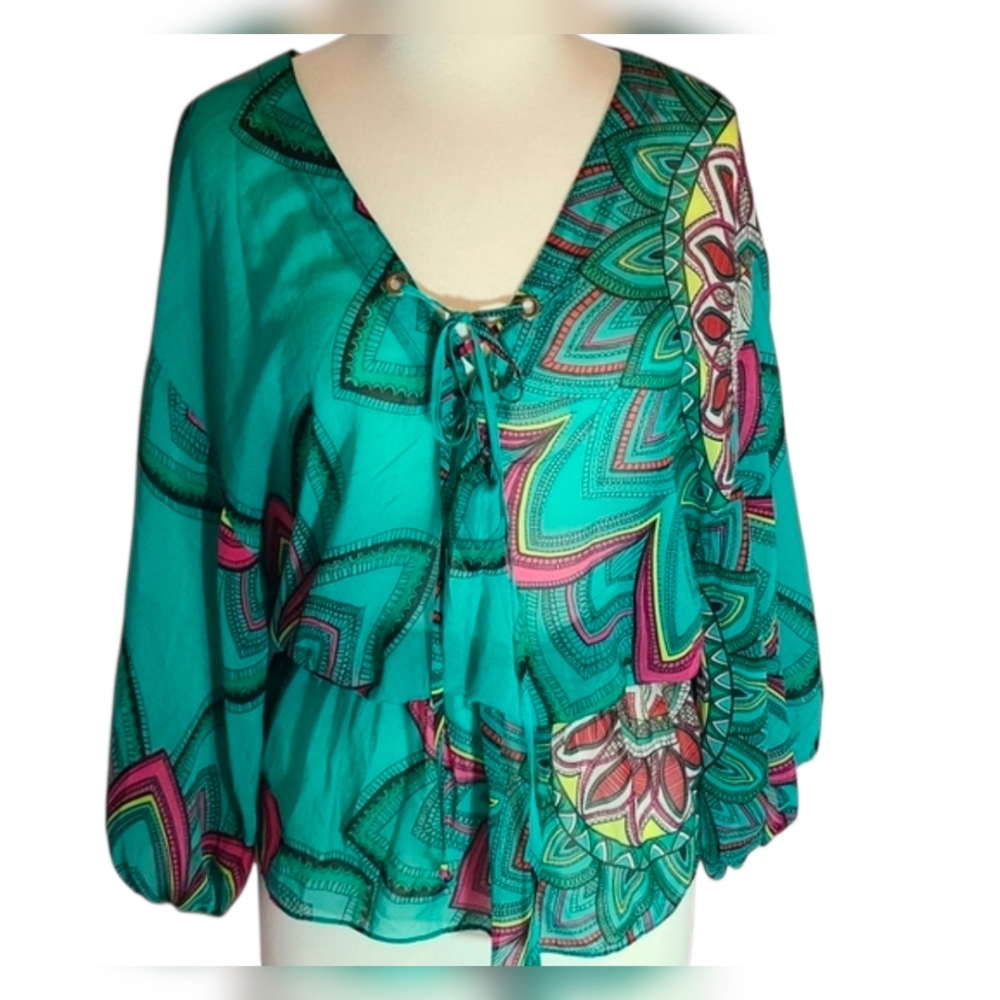 Colorful and Flowy Teal Green Top in Soft Semi-Sheer Chiffon